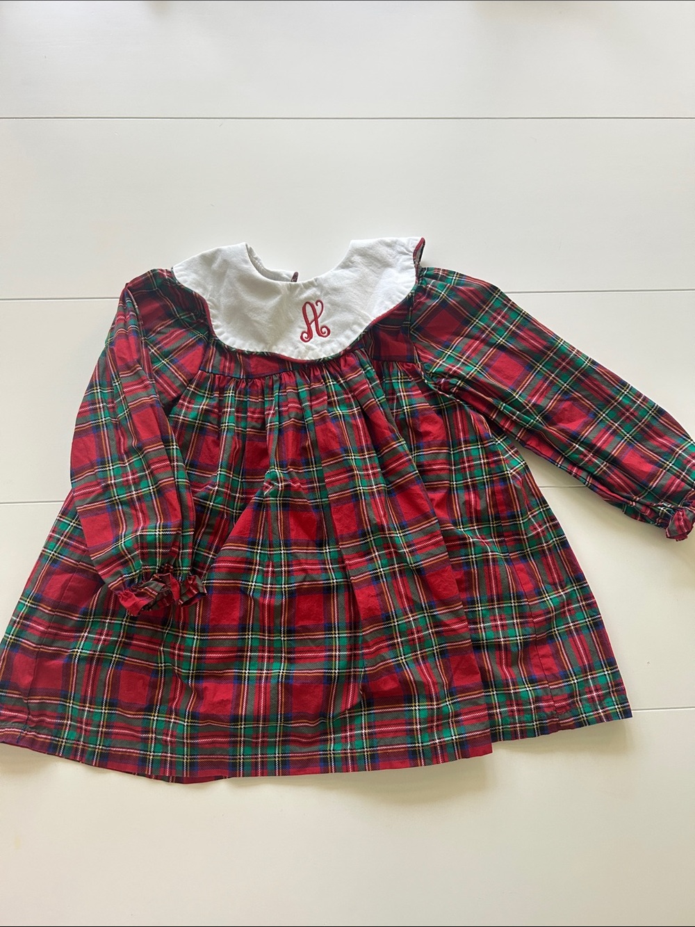Girls Red Green Plaid Holiday tunic with White Peter Pan Collar